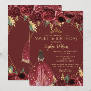 Burgundy Gold Floral Princess Sweet 16 Einladung