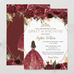 Burgundy Gold Floral Princess Sweet 16 Einladung