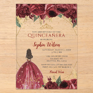 Burgundy Gold Floral Prinzessin Quinceañera Quince Acryleinladungen
