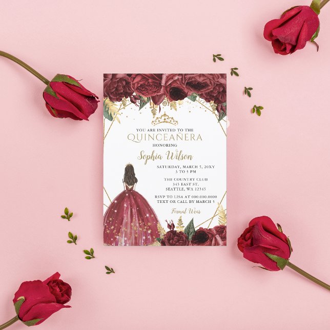 Burgundy Gold Floral Prinzessin Quinceañera Quince Einladung (Burgundy Gold Floral Princess Quinceañera Quince I Invitation)