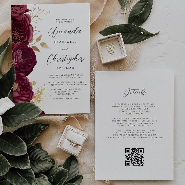Burgundy Gold Floral QR Code Wedding Einladung (Von Creator hochgeladen)