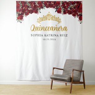 Burgundy Gold Floral Quinceanera Foto Hintergrund Wandteppich