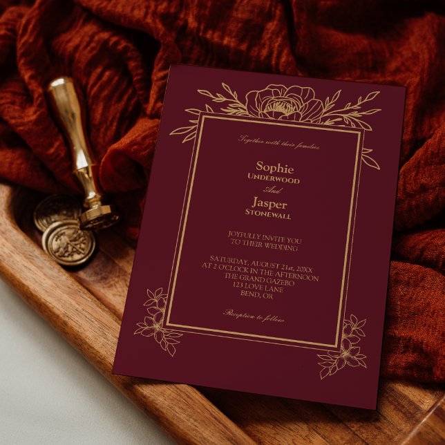 Burgundy Gold Floral Simple Faire-part de mariage (Créateur téléchargé)