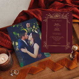 Burgundy Gold Floral Simple Foto Wedding Einladung