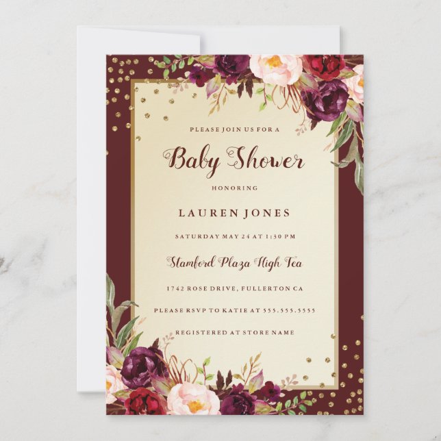Burgundy Gold Floral Sparkle Baby Dusche laden Einladung (Vorderseite)