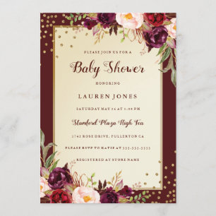 Burgundy Gold Floral Sparkle Baby Dusche laden Einladung