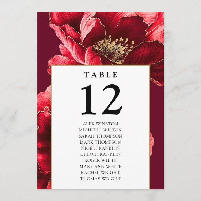 Burgundy Gold Floral Tischnummer Seekarte (Vorderseite)