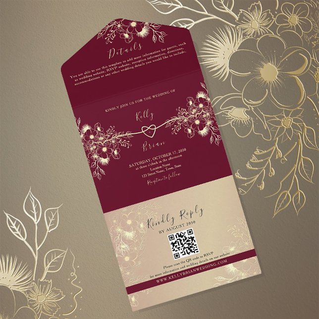 Burgundy Gold Floral Wedding All In One Einladung (Von Creator hochgeladen)