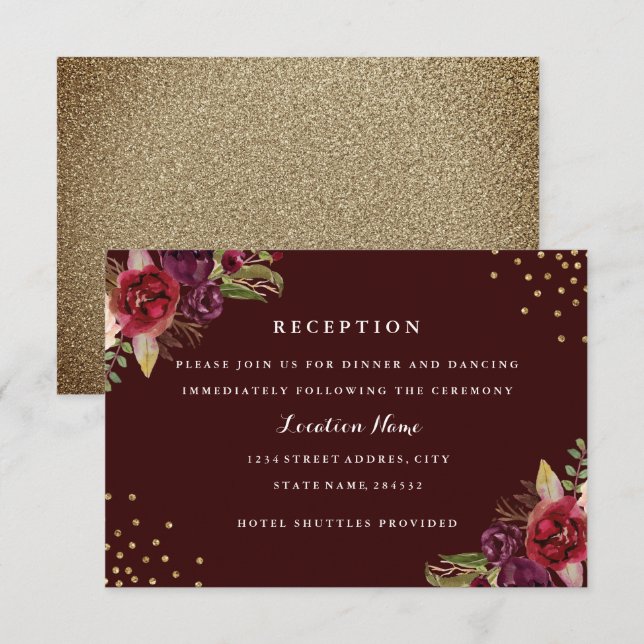 Burgundy Gold Floral Wedding Card Einladung (Vorne/Hinten)