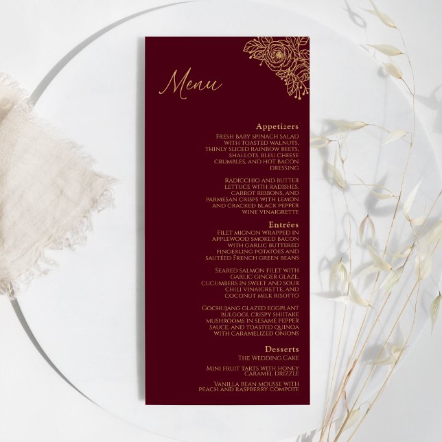Burgundy Gold Floral Wedding Flat Menu Menükarte (Von Creator hochgeladen)