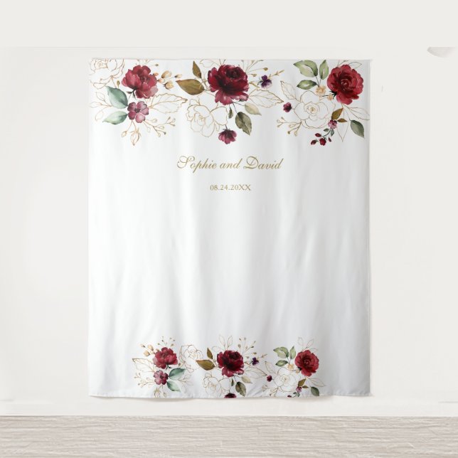 Burgundy Gold Floral Wedding Foto Stand Hintergrun Wandteppich (Vorderseite)