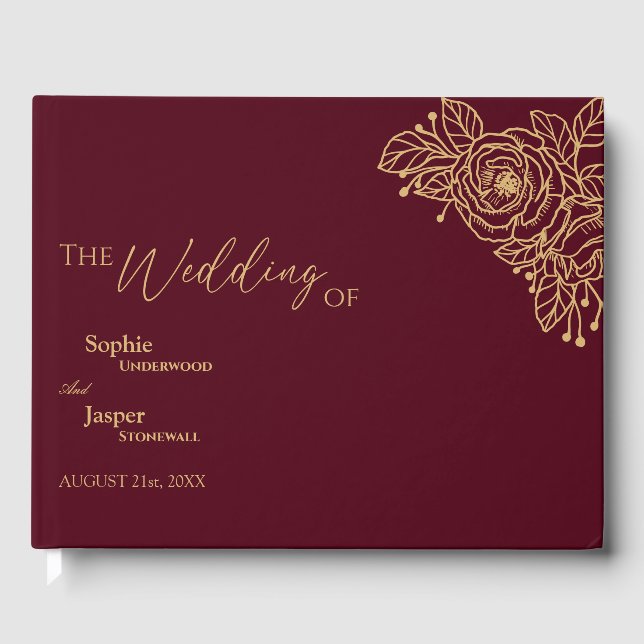 Burgundy Gold Floral Wedding Guest Book Gästebuch (Vorderseite)