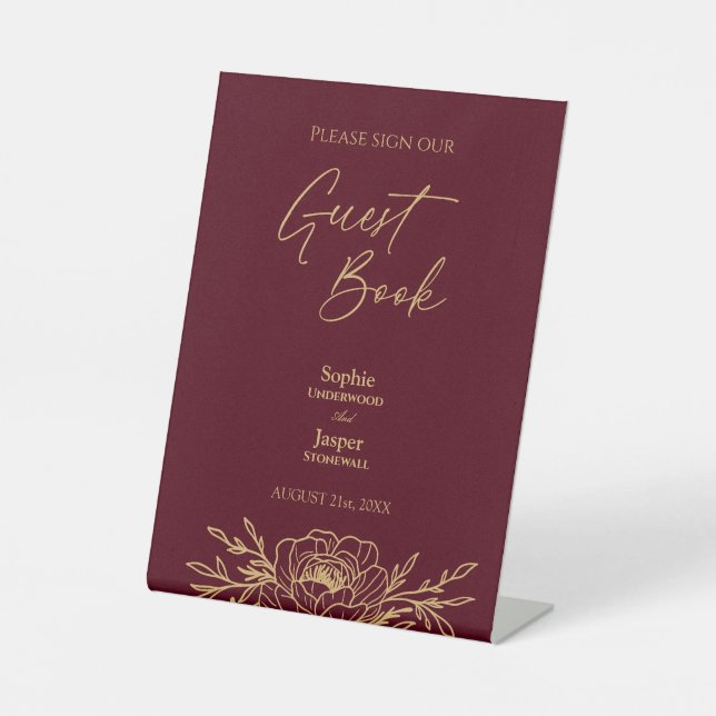 Burgundy Gold Floral Wedding Guest Book Sign Sockelschild (Vorderseite)