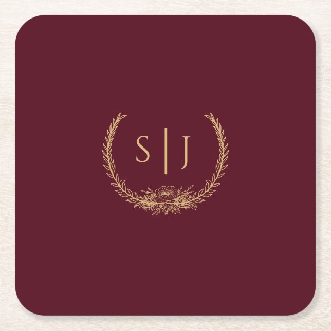 Burgundy Gold Floral Wedding Monogram Rechteckiger Pappuntersetzer (Vorderseite)