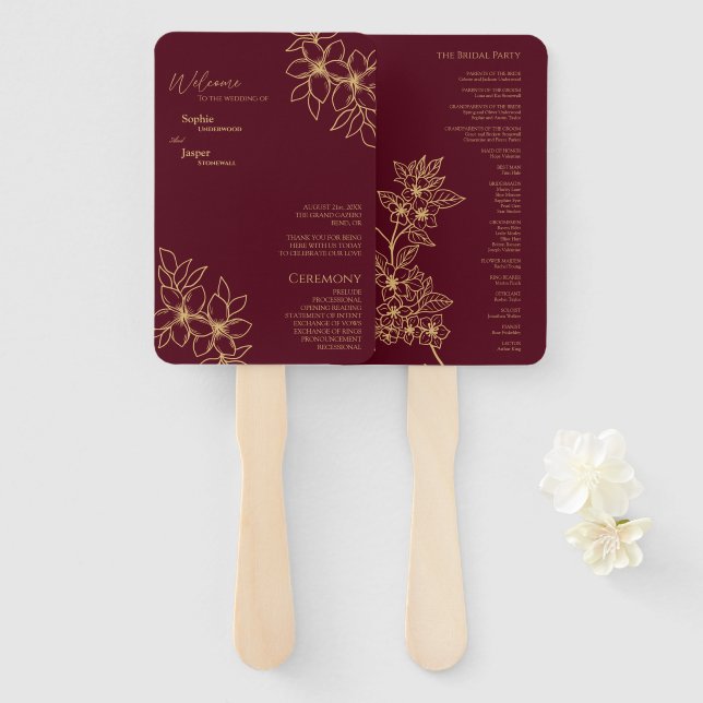 Burgundy Gold Floral Wedding Program Fan Fächer (Vorne und Hinten)