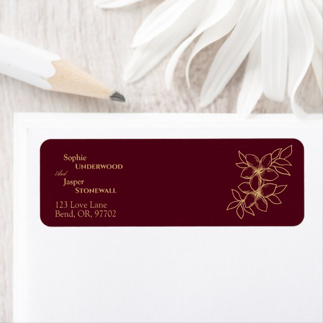 Burgundy Gold Floral Wedding Rücksendeadresse Labe (Insitu)