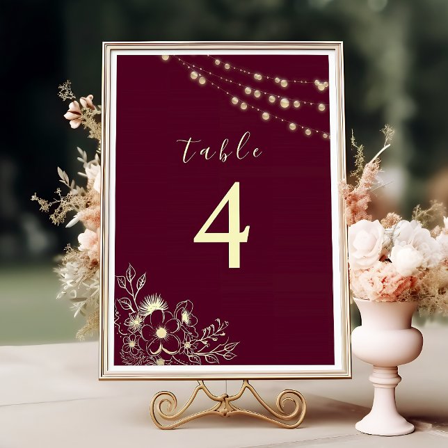 Burgundy Gold Floral Wedding Tischnummer (Von Creator hochgeladen)