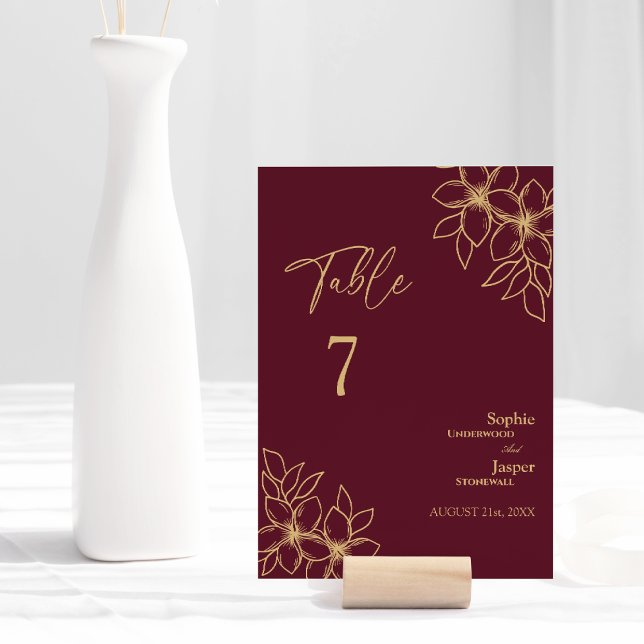 Burgundy Gold Floral Wedding Tischnummer Card (Von Creator hochgeladen)