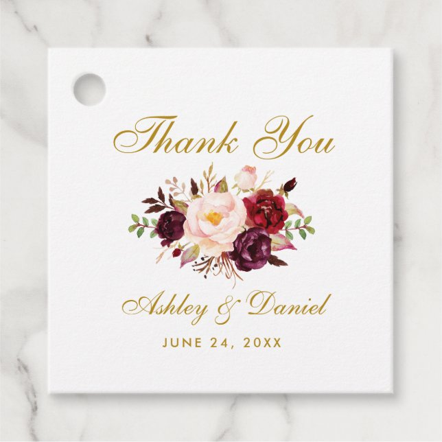 Burgundy Gold Floral Wedding Vielen Dank Geschenkanhänger (Vorderseite)
