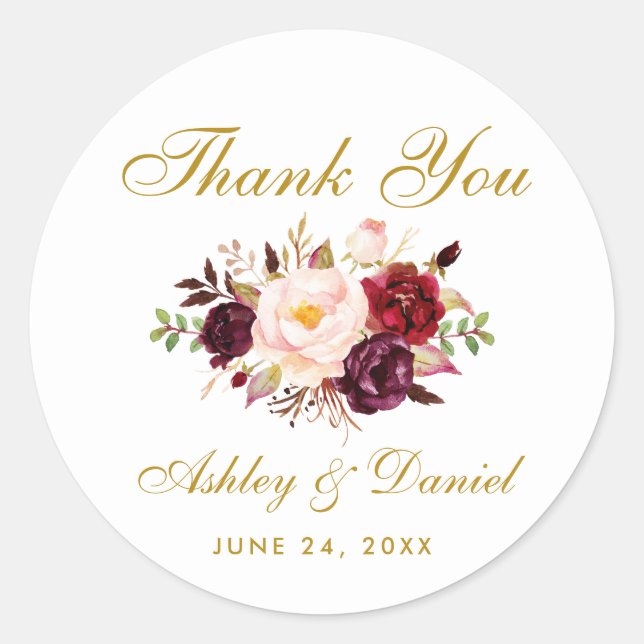 Burgundy Gold Floral Wedding Vielen Dank Runder Aufkleber (Vorderseite)