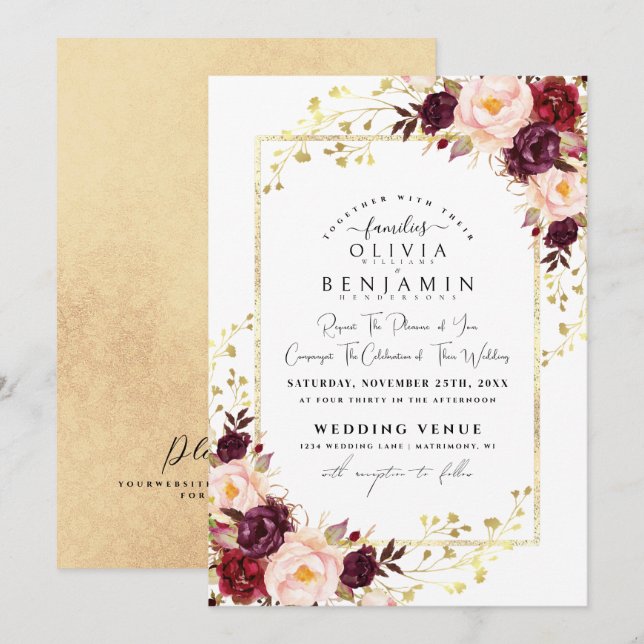 Burgundy Gold Florales Chic Foil Glitzer Hochzeit Einladung (Vorne/Hinten)