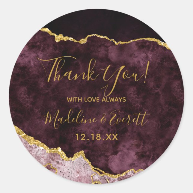 Burgundy Gold Foil Marble Agate Wedding Vielen Dan Runder Aufkleber (Vorderseite)