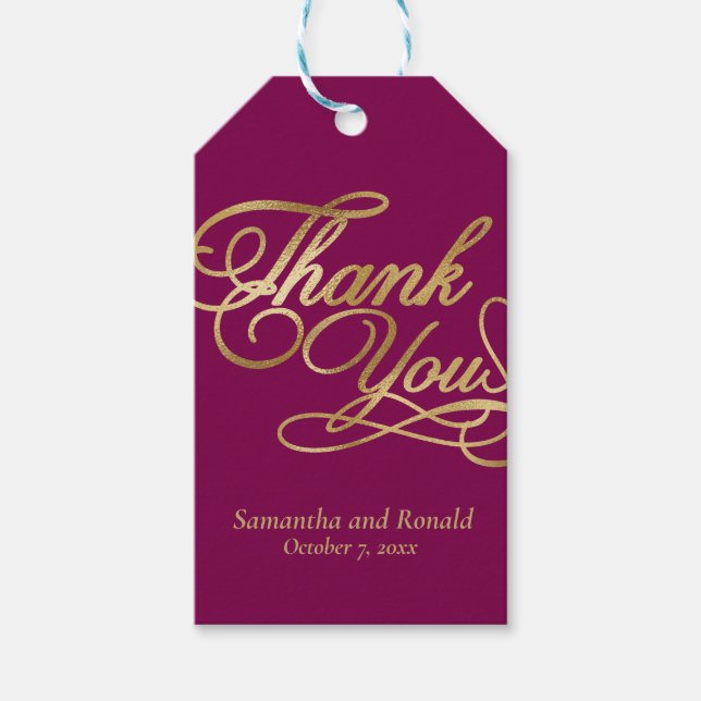 Burgundy & Gold Foil Thank You Calligraphy Wedding Geschenkanhänger (Vorderseite)