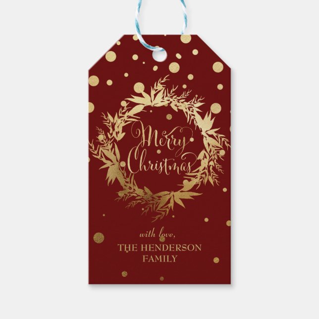 Burgundy Gold Frohe Weihnachten Eukalyptus Wreath Geschenkanhänger (Vorderseite)