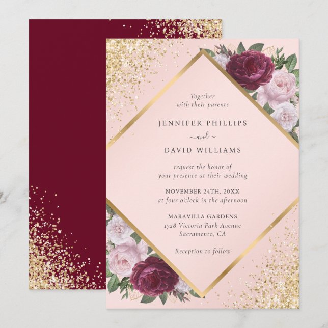 Burgundy Gold Geometric Blush Pink Floral Wedding Einladung (Vorne/Hinten)