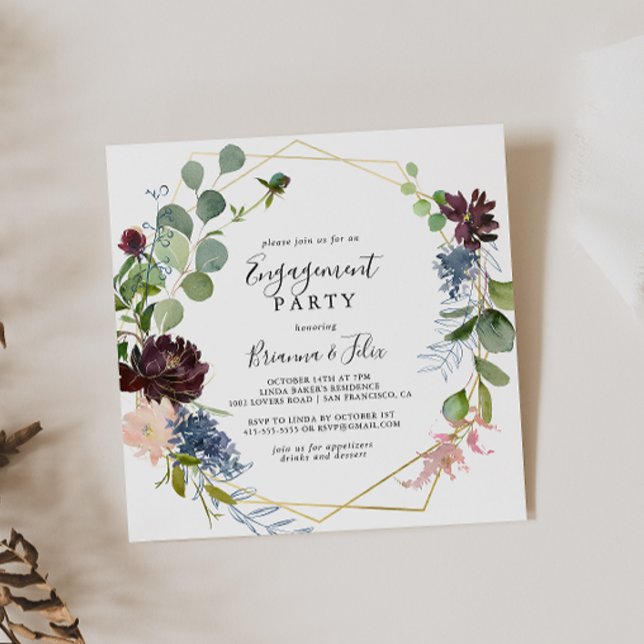Burgundy Gold Geometric Engagement Party Einladung (Von Creator hochgeladen)