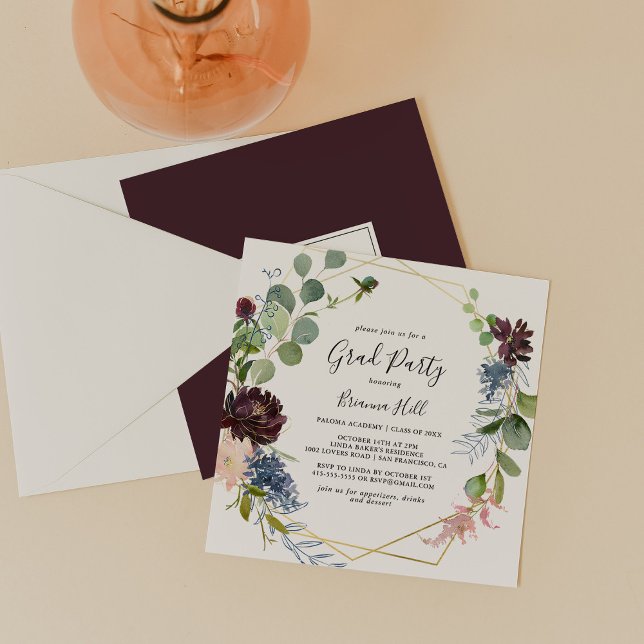 Burgundy Gold Geometric Grad Party Einladung (Von Creator hochgeladen)