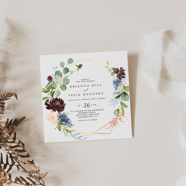 Burgundy Gold Geometric Lässig Wedding Einladung (Von Creator hochgeladen)