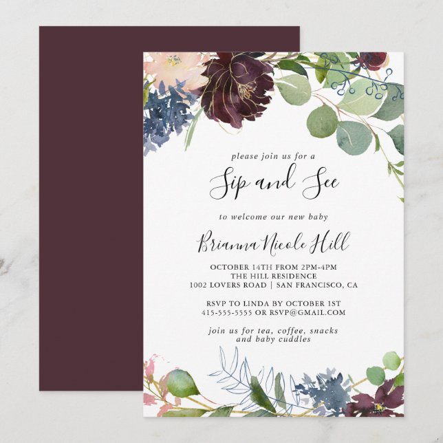 Burgundy Gold Geometric Sip und Siehe Einladung (Vorne/Hinten)