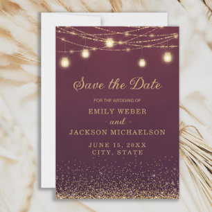 Burgundy Gold Glitter Lichterkette Datum speichern Save The Date