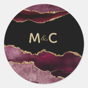 Burgundy Gold Glitzer Agate Monogram Wedding Runder Aufkleber