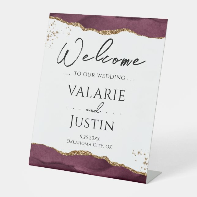 Burgundy Gold Glitzer Agate Wedding Willkommenszei Sockelschild (Vorderseite)