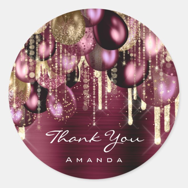 Burgundy GOLD GLITZER BALLONS TROPFEN DANK Anniver Runder Aufkleber (Vorderseite)