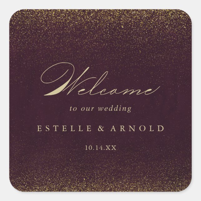 Burgundy Gold Glitzer Calligrafy Wedding Willkomme Quadratischer Aufkleber (Vorderseite)