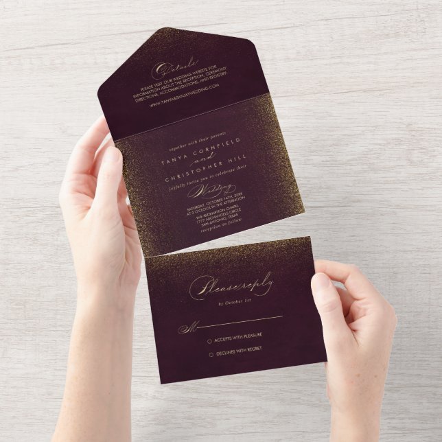  Burgundy Gold Glitzer Calligraphy    WeddingAll I All In One Einladung (Abreißen)