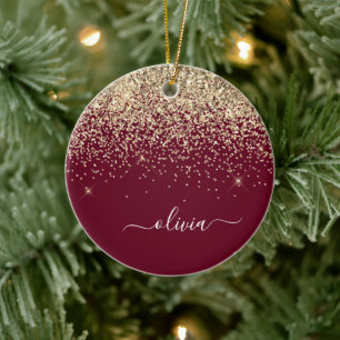Burgundy Gold Glitzer Girly Monogram Glam Keramik Ornament