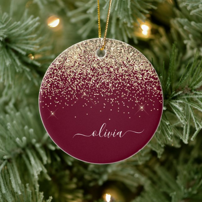 Burgundy Gold Glitzer Girly Monogram Glam Keramik Ornament (Baum)