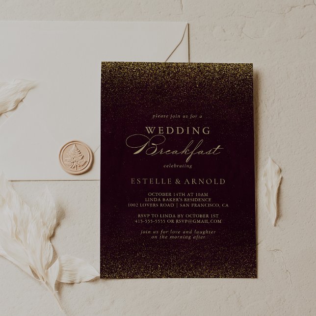 Burgundy Gold Glitzer Hochzeitsfrühstück Einladung (Von Creator hochgeladen)