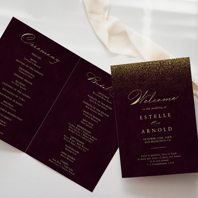 Burgundy Gold Glitzer Kalligrafie FaltenWedding Programm (Von Creator hochgeladen)