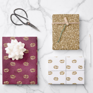 Burgundy Gold Glitzer Kisses Lips Geschenkpapier Set