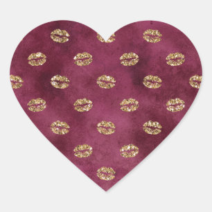 Burgundy Gold Glitzer Kisses Lips Herz-Aufkleber