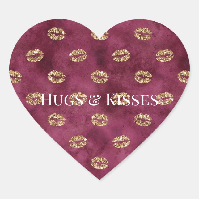 Burgundy Gold Glitzer Kisses Lips Herz-Aufkleber (Vorderseite)