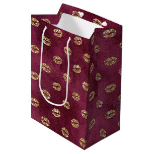 Burgundy Gold Glitzer Kisses Lips Mittlere Geschenktüte
