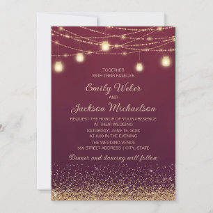 Burgundy Gold Glitzer String Lights Hochzeit Einladung