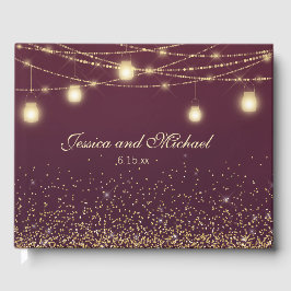 Burgundy Gold Glitzer String Lights Hochzeit Gästebuch