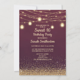 Burgundy Gold Glitzer String Lights Sweet 16 Einladung